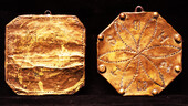 A couple of nineteenth century brass covered pan coasters with inscriptions.