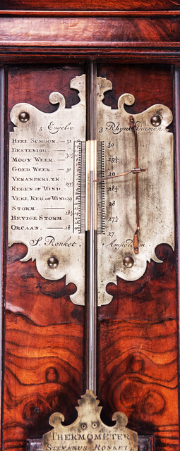 A superb 18th Century burr walnut mercury barometer by Stevan Ronket in Amsterdam.