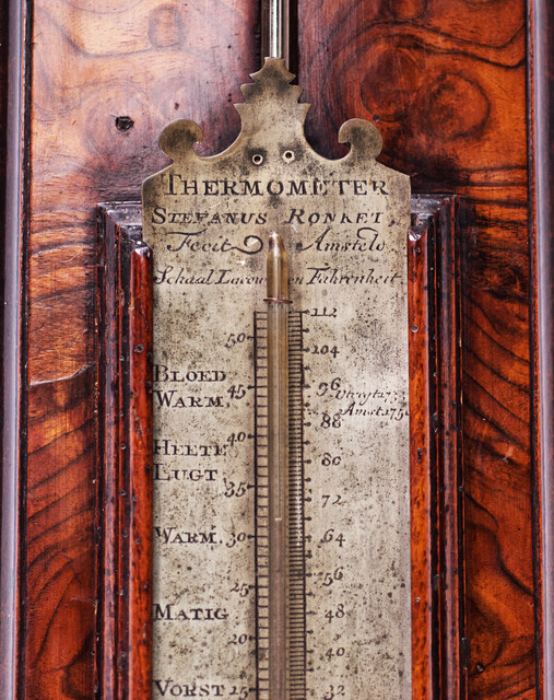 A superb 18th Century burr walnut mercury barometer by Stevan Ronket in Amsterdam.