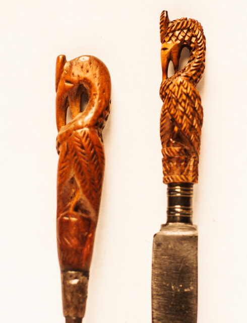 An early 19th C fork and knife from Zeeland with boxwood handles of a pelican.