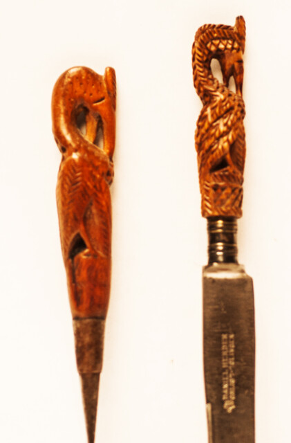 An early 19th C fork and knife from Zeeland with boxwood handles of a pelican.