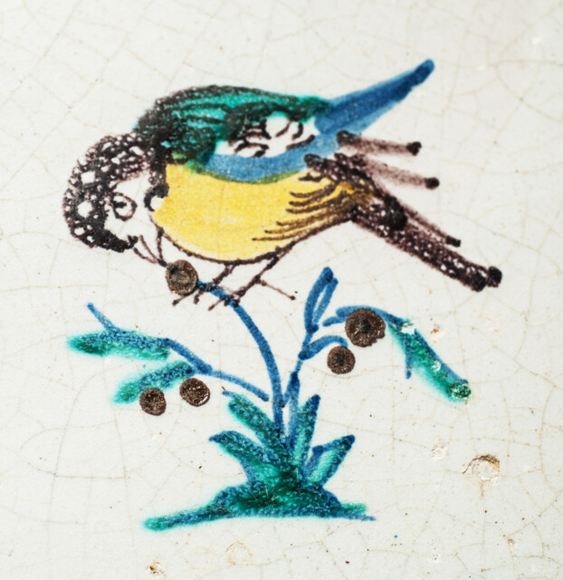 Eight very rare early 17th C Delft coloured tiles with birds.