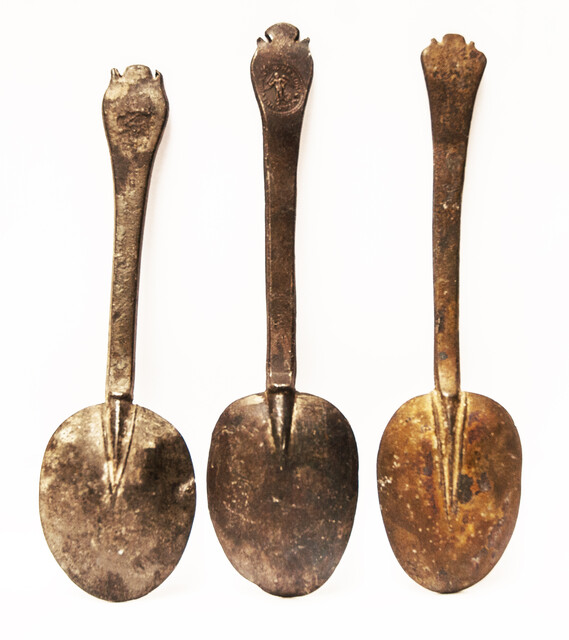 Three early seventeenth century Dutch pewter spoons, two with hallmarks.